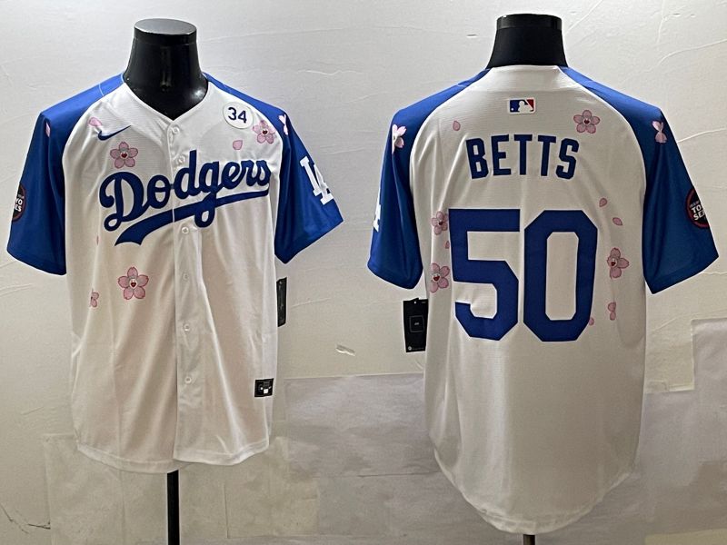 Men Los Angeles Dodgers 50 Betts White Blue Sakura Edition 2025 Nike MLB Jersey style 4